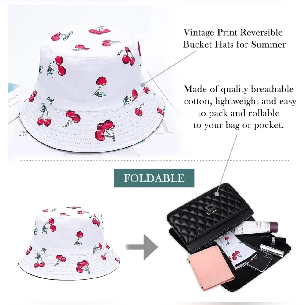 Reversible Cherry Print Bucket Hat, White & Black Cotton, Foldable Fisherman Hat